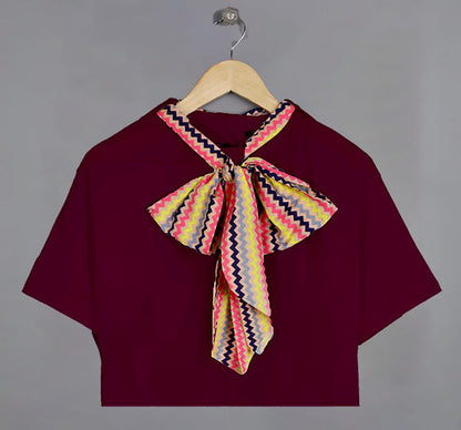 Classy Knot Neck Tie Cropped Tees : Plum