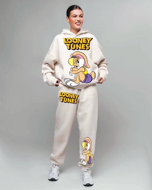 Women Looney Tunes Hoodie Oversized Co-ord Set - White and White