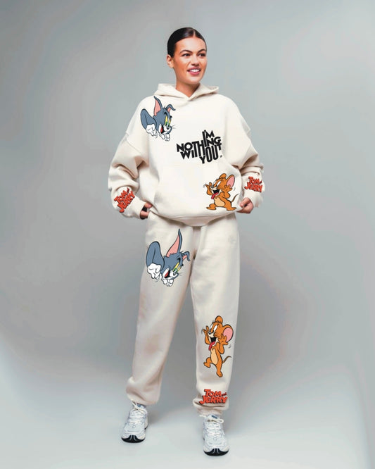 Women Mickey Mouse Hoodie Oversized Co-ord Set - White and White