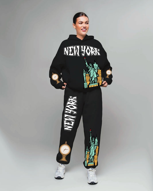 Women New York Hoodie Oversized Co-ord Set - Black and Black