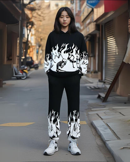 Women Chilling Skeleton Hoodie Oversized Co-ord Set - Black and Black