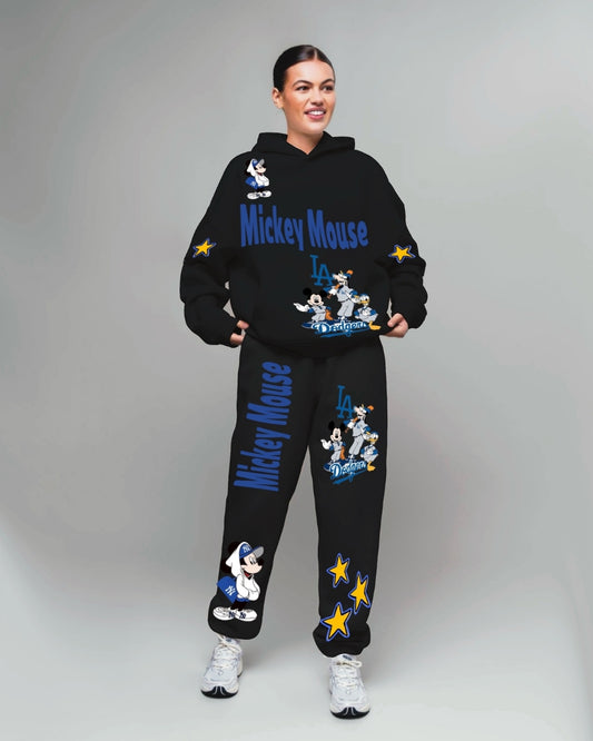 Women Mickey Mouse Hoodie Oversized Co-ord Set - Black and Black