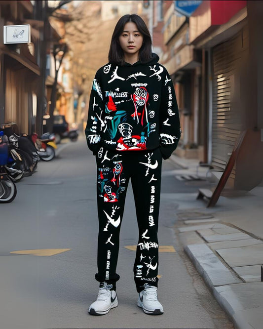 Women Web Warrior Hoodie Oversized Co-ord Set - Black and Black