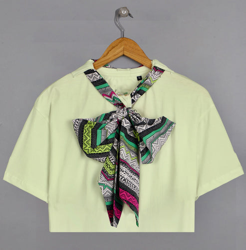 Classy Knot Neck Tie Cropped Tees : Mint Green