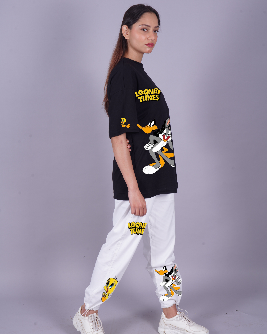 Women Looney Tunes Oversized Co-Ord Set - White and Black