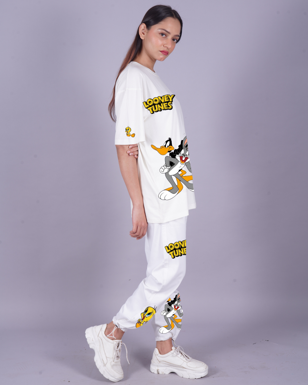 Women Looney Tunes Oversized Co-Ord Set - White and White