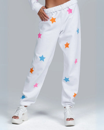 Women's White Cotton Pant - Colorful Stars