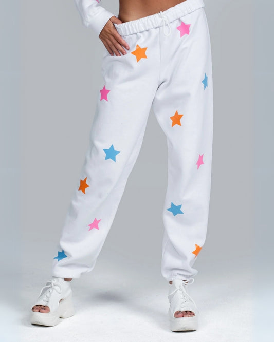 Women's White Cotton Pant - Colorful Stars