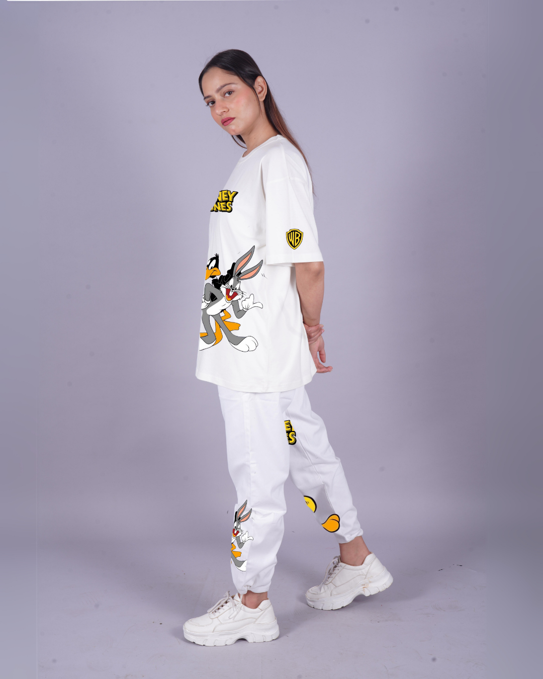 Women Looney Tunes Oversized Co-Ord Set - White and White