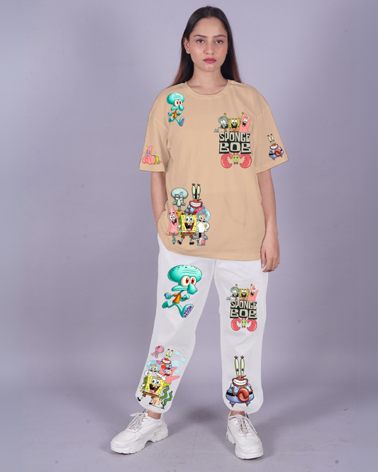 Women SpongeBob Graphic Oversized Co-Ord Set - Beige and White