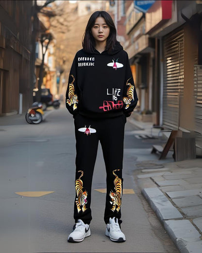 Women Tiger Roar Hoodie Oversized Co-ord Set - Black and Black