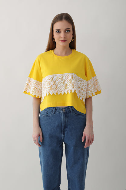 Sunflower Yellow Oversized T-Shirt with Designer Lace Trim for Women