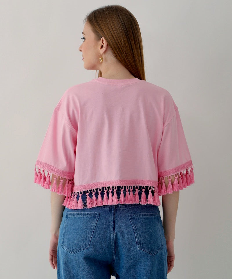 2 Oversized Women's Tops: Yellow with White Lace & Pink with Pink Tassels, 100% Cotton