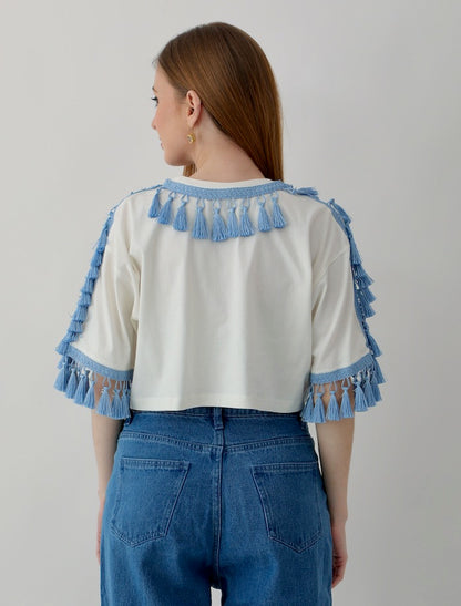 Women's Oversized Tops: Off-white with Blue Tassel Trim