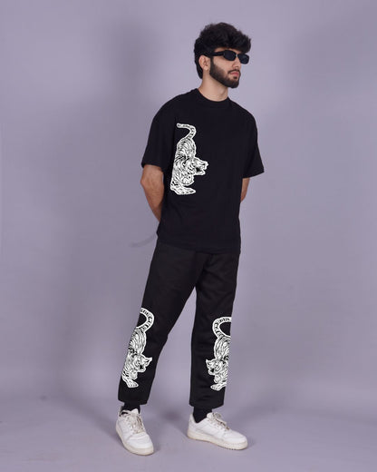 Men's Black Co Ord Oversized Set with Snow Tiger Theme