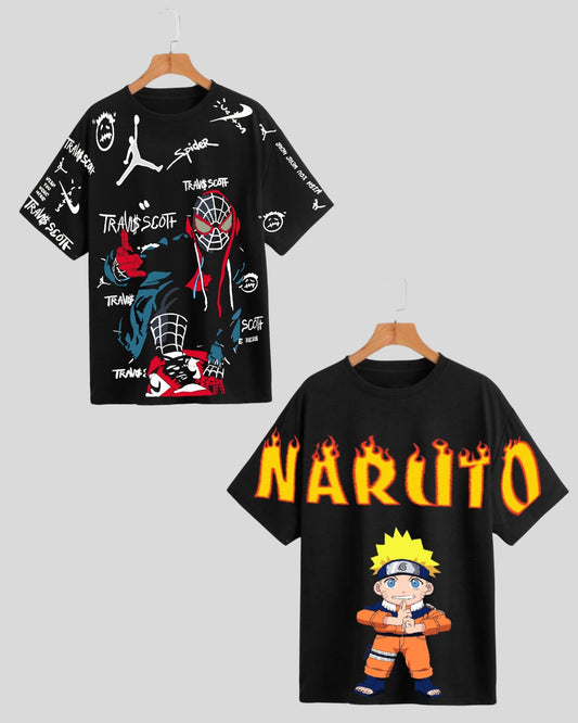 Pack of 2 Men's Anime Oversized T-Shirt: Spidy & Naruto