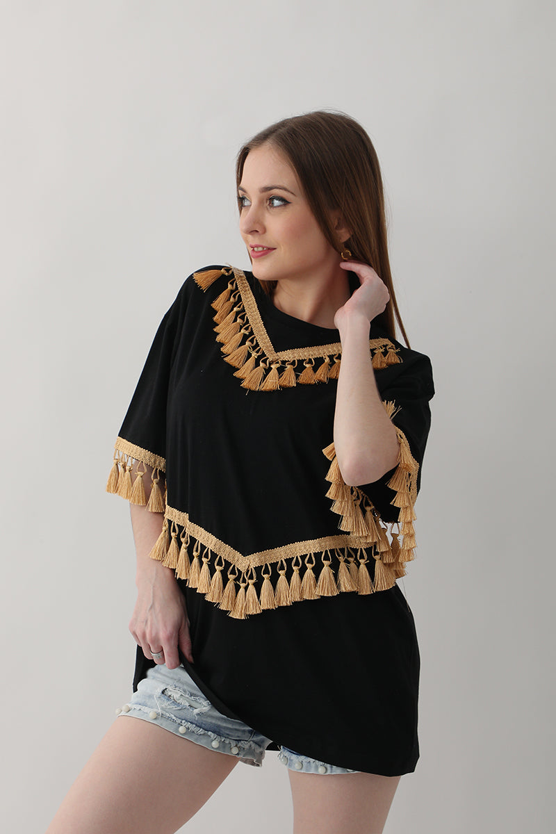 Black with Golden Tassel Oversized T-Shirt