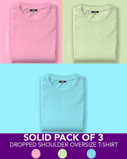 Unisex Solids Pack of 3 Pink Blue Mint Green Oversized T-Shirts