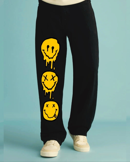 Men Black Cotton Pants with Playful Smiley