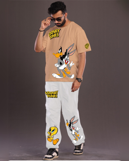 Men's Looney Tunes Oversized Co-Ord Set - Beige and White