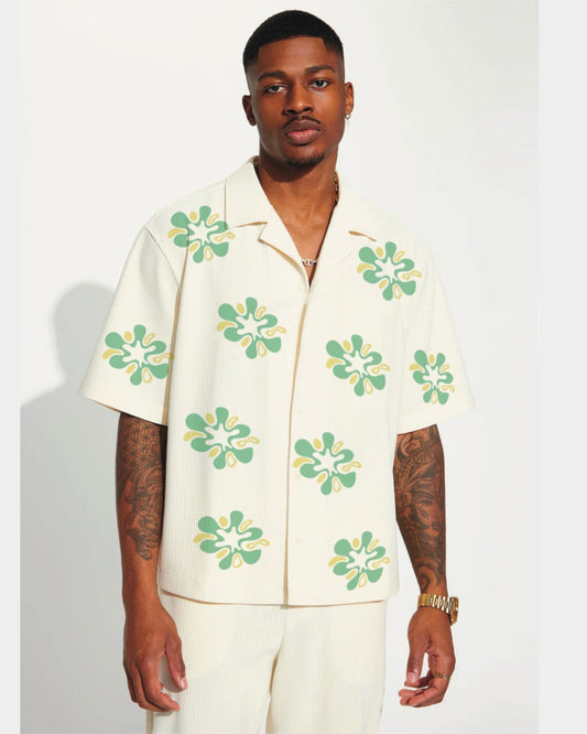 Green Floral Half Sleeve White Oversized Knitted Shirt