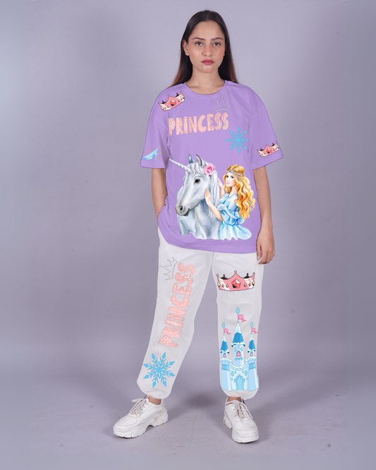 Women Princess Design Oversized Co-Ord Set - Purple and White(*)