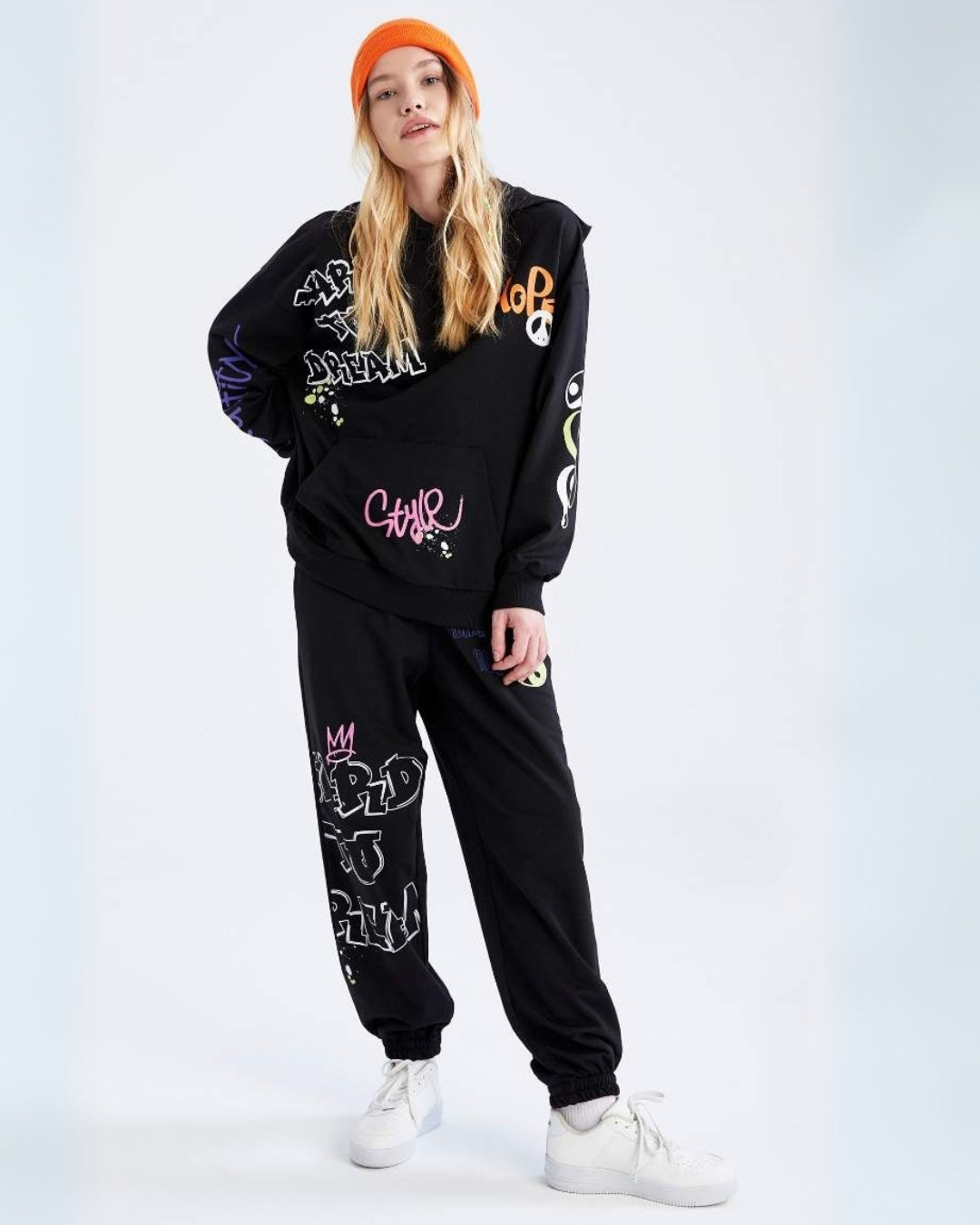 Women Hope Style Hoodie Oversized Co-ord Set - Black and Black