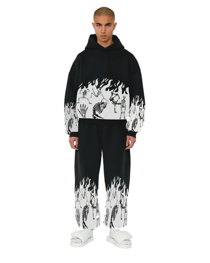 Men's Chilling Skeleton Hoodie Oversized Co-ord Set - Black and Black