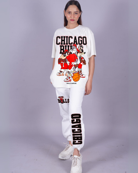 Women Chicago Bulls Oversized Co-Ord Set - White and White