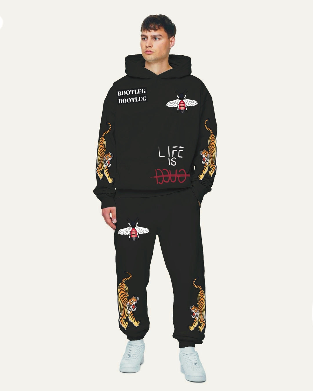 Men's Tiger Roar Hoodie Oversized Co-ord Set - Black and Black