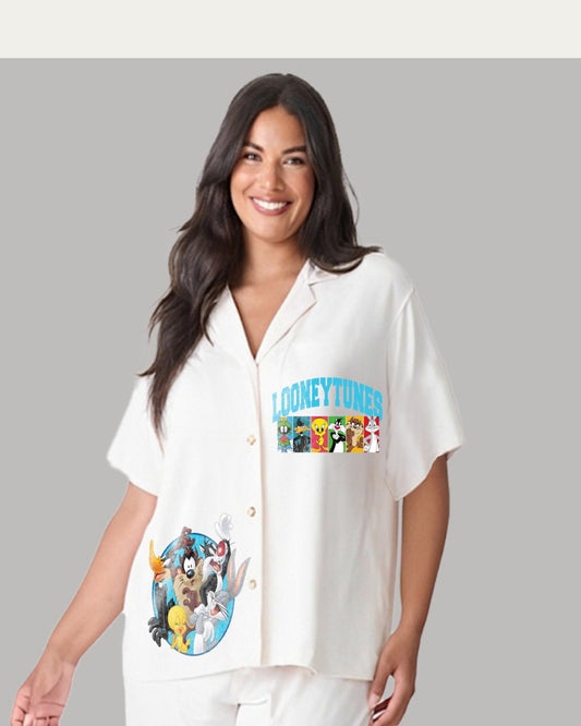 Looney Tunes Women Half Sleeve White Oversized Knitted Shirt