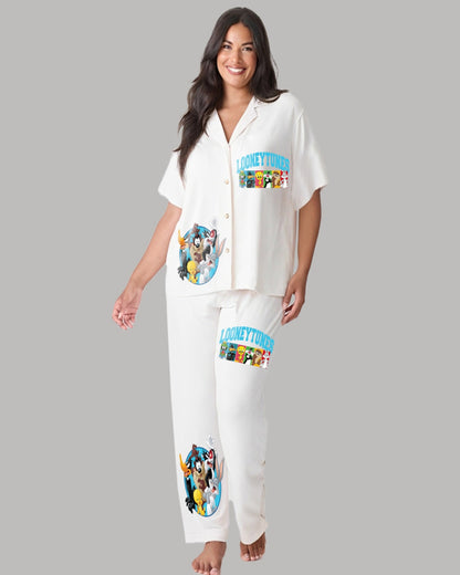 Looney Tunes Women Half Sleeve Oversized Knitted Shirt Cord Set - White and White