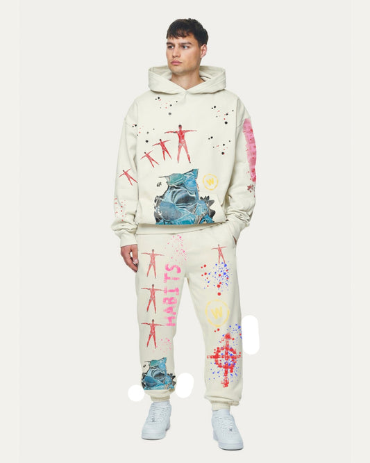 MEN'S HABITS OVERSIZED HOODIE CO-ORD SET - WHITE AND WHITE