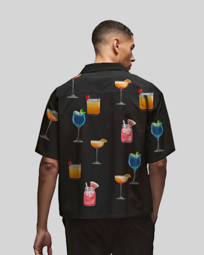 Drinks Half Sleeve Black Oversized Knitted Shirt