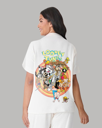 Looney Tunes Women Half Sleeve White Oversized Knitted Shirt