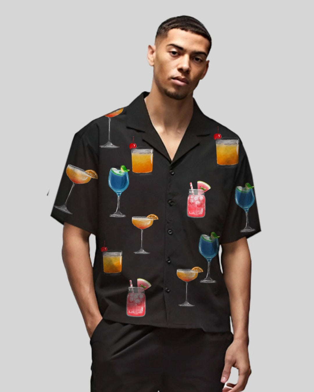 Drinks Half Sleeve Black Oversized Knitted Shirt