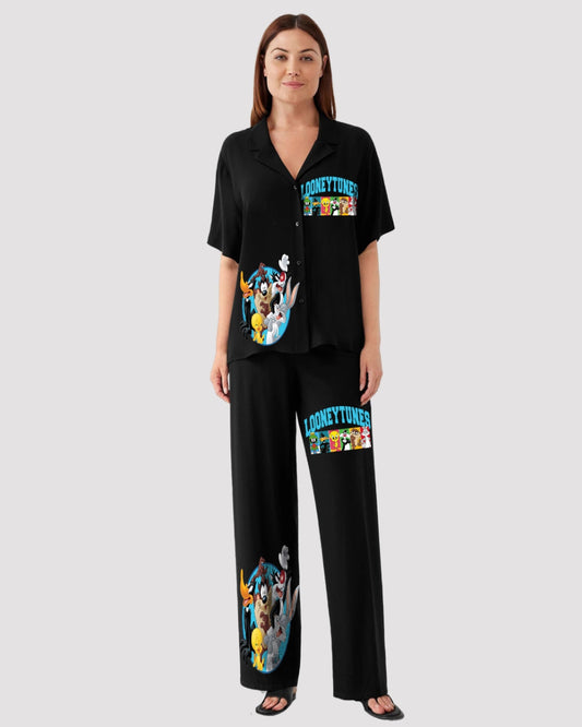 Looney Tunes Women Half Sleeve Oversized Knitted Shirt Cord Set - Black and Black