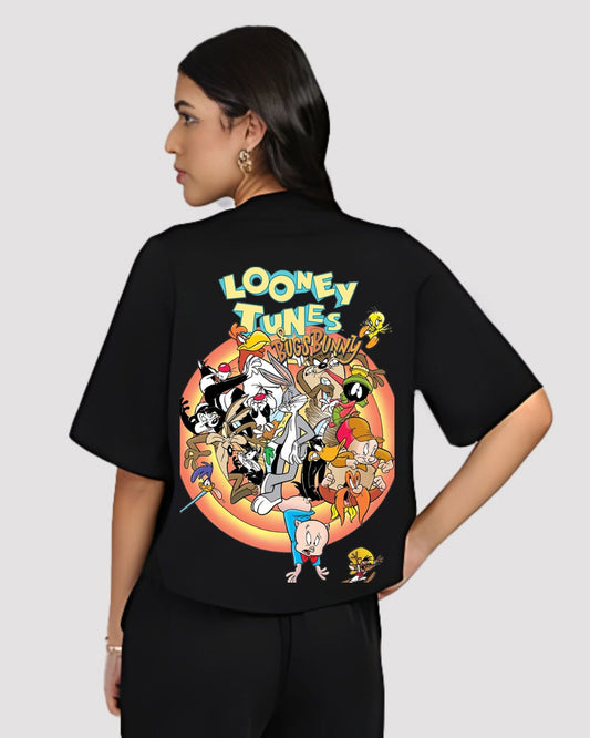 Looney Tunes Women Half Sleeve Black Oversized Knitted Shirt