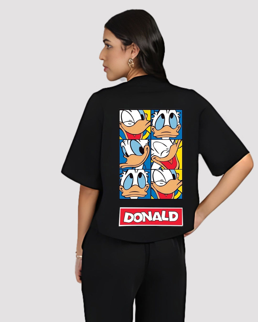 Donald Duck Women Half Sleeve Black Oversized Knitted Shirt