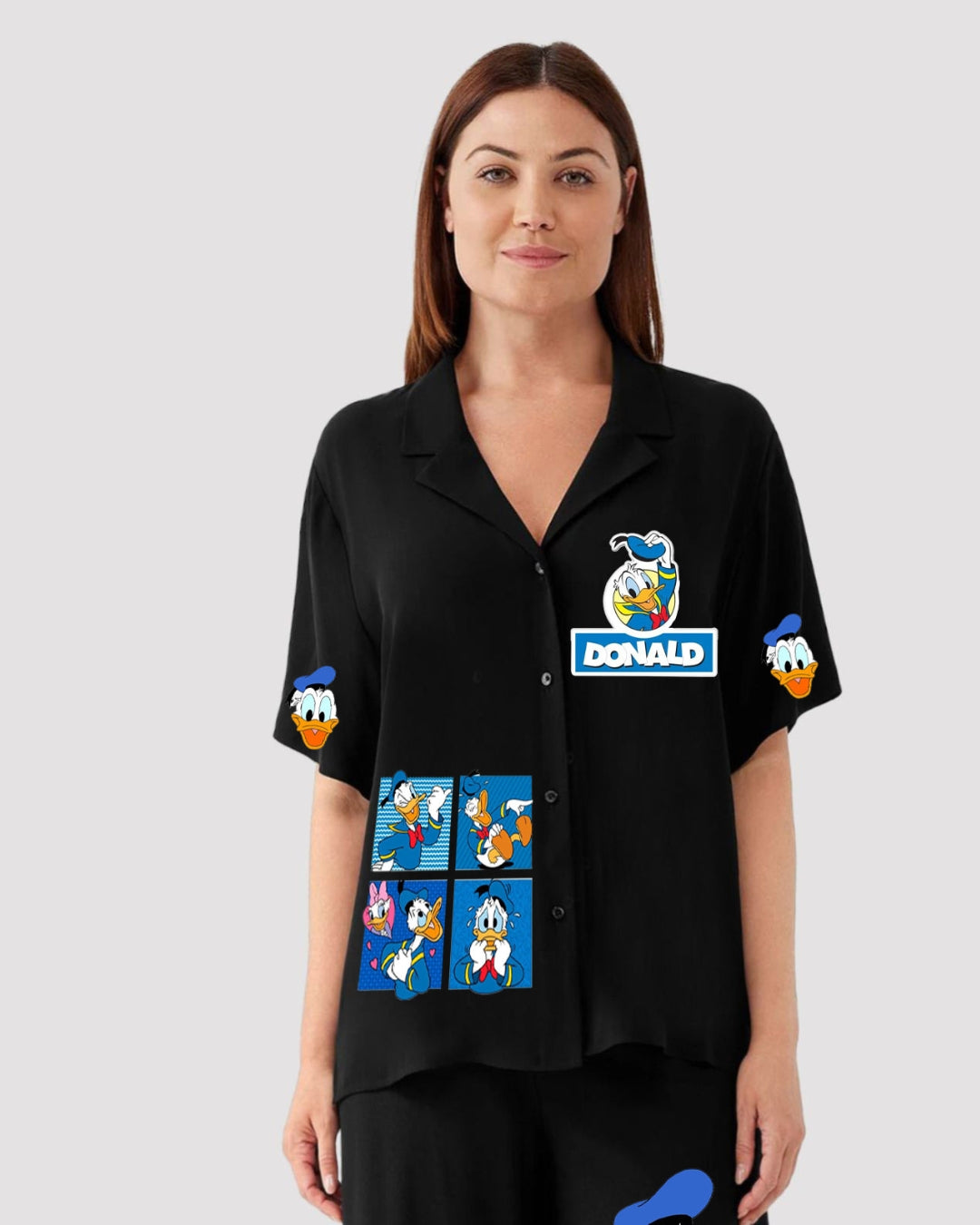 Donald Duck Women Half Sleeve Black Oversized Knitted Shirt