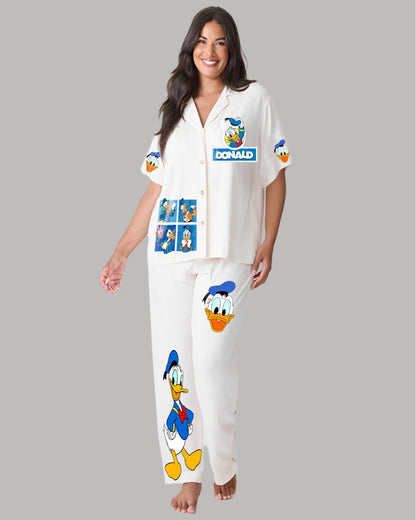 Donald Duck Half Sleeve Oversized Knitted Shirt Cord Set - White and White