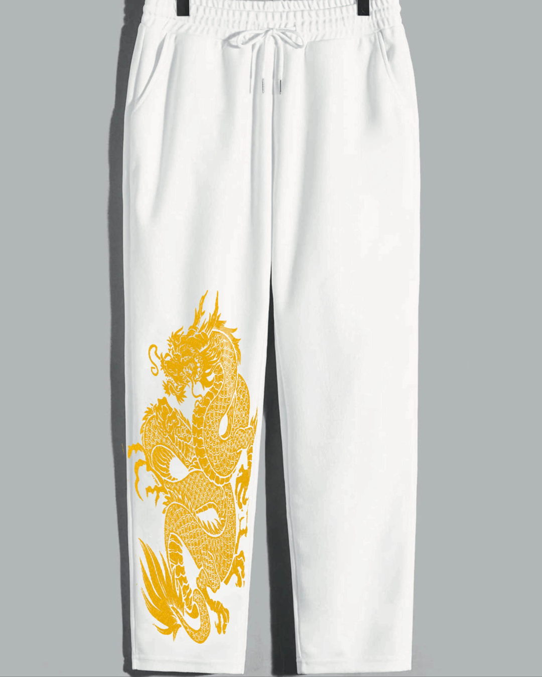 Men White Cargo Pants - Dragon Design