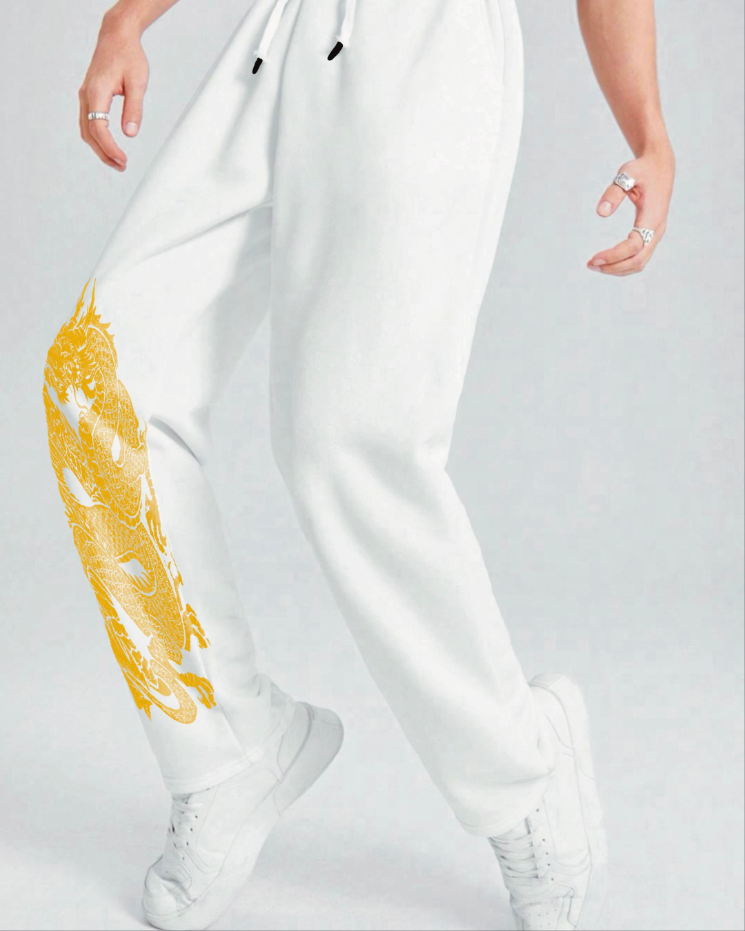 Men White Cargo Pants - Dragon Design