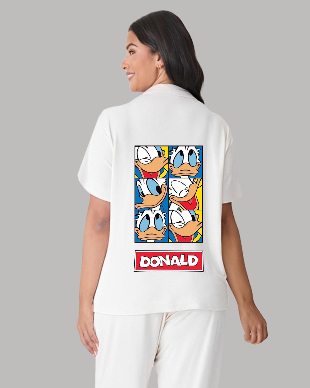 Donald Duck Women Half Sleeve White Oversized Knitted Shirt