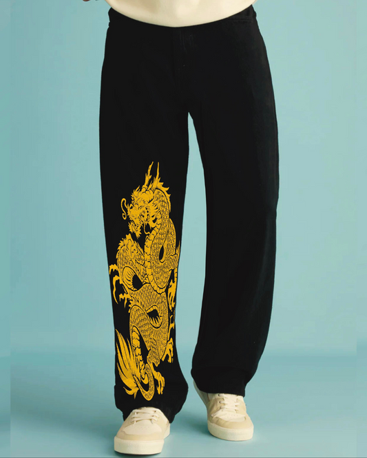 Mens Black Cotton Pants - Dragon Design