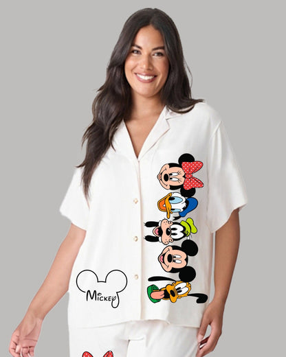 Mouse Family Women Half Sleeve White Oversized Knitted Shirt