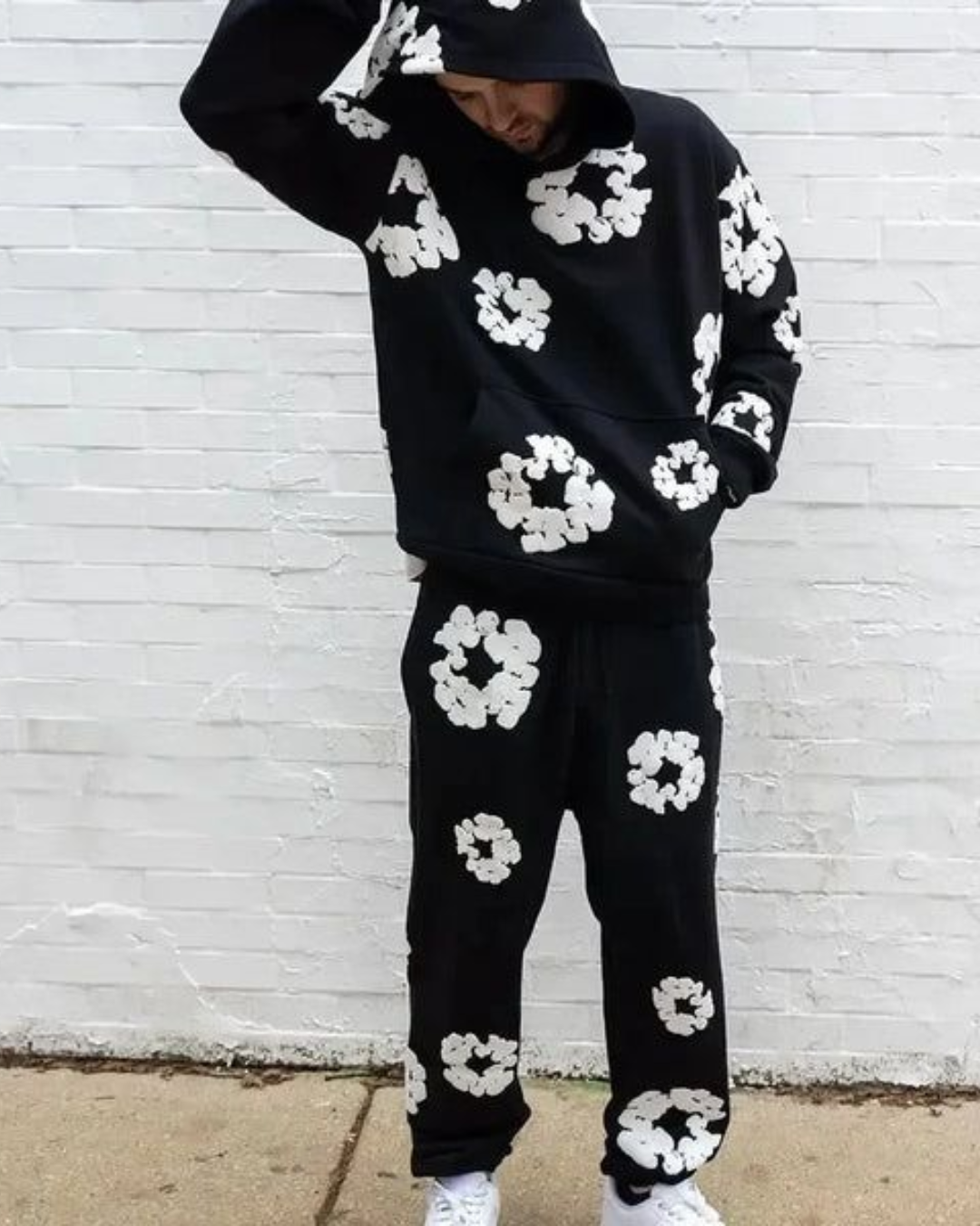 Men's Flower World Hoodie Oversized Co-ord Set - Black and Black