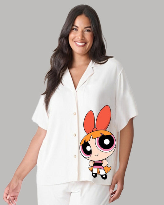 Powepuff Women Half Sleeve White Oversized Knitted Shirt