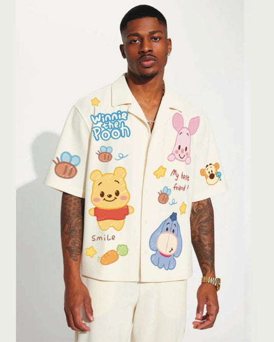 Winnie the pooh Half Sleeve White Oversized Knitted Shirt