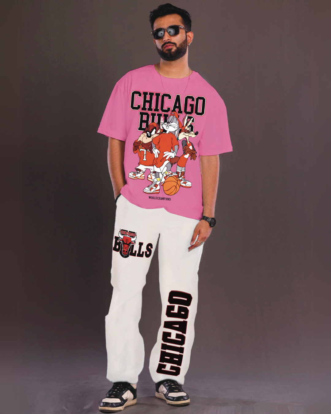 Men's Chicago Bulls Oversized Co-Ord Set - Pink and White